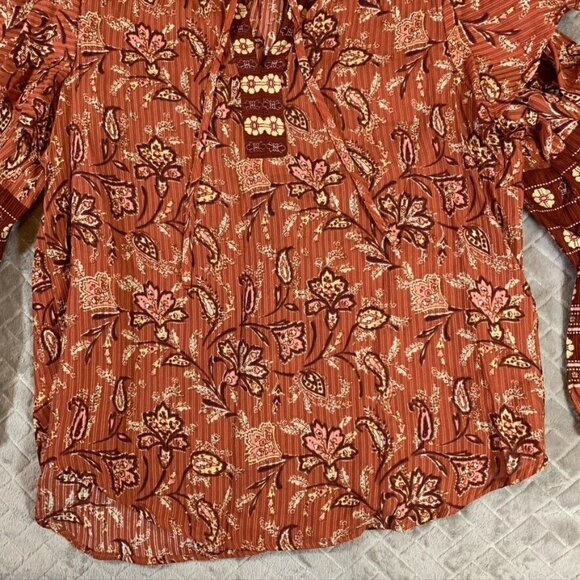 Loft Womens Small Blouse Gauzy Long Ruffle Sleeve Floral Geometric Boho Festival - Picture 3 of 10